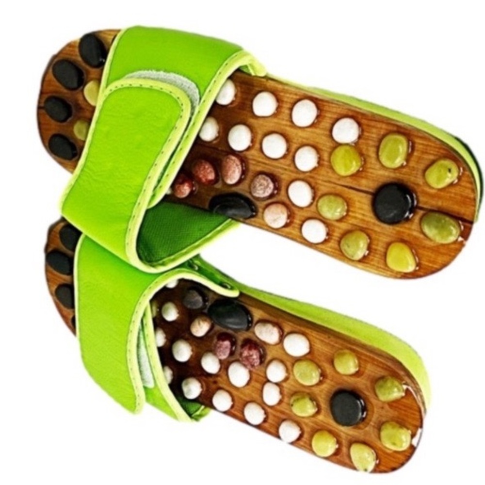 Acupressure Natural Stone pebble & Wood on Rubber Green Slides